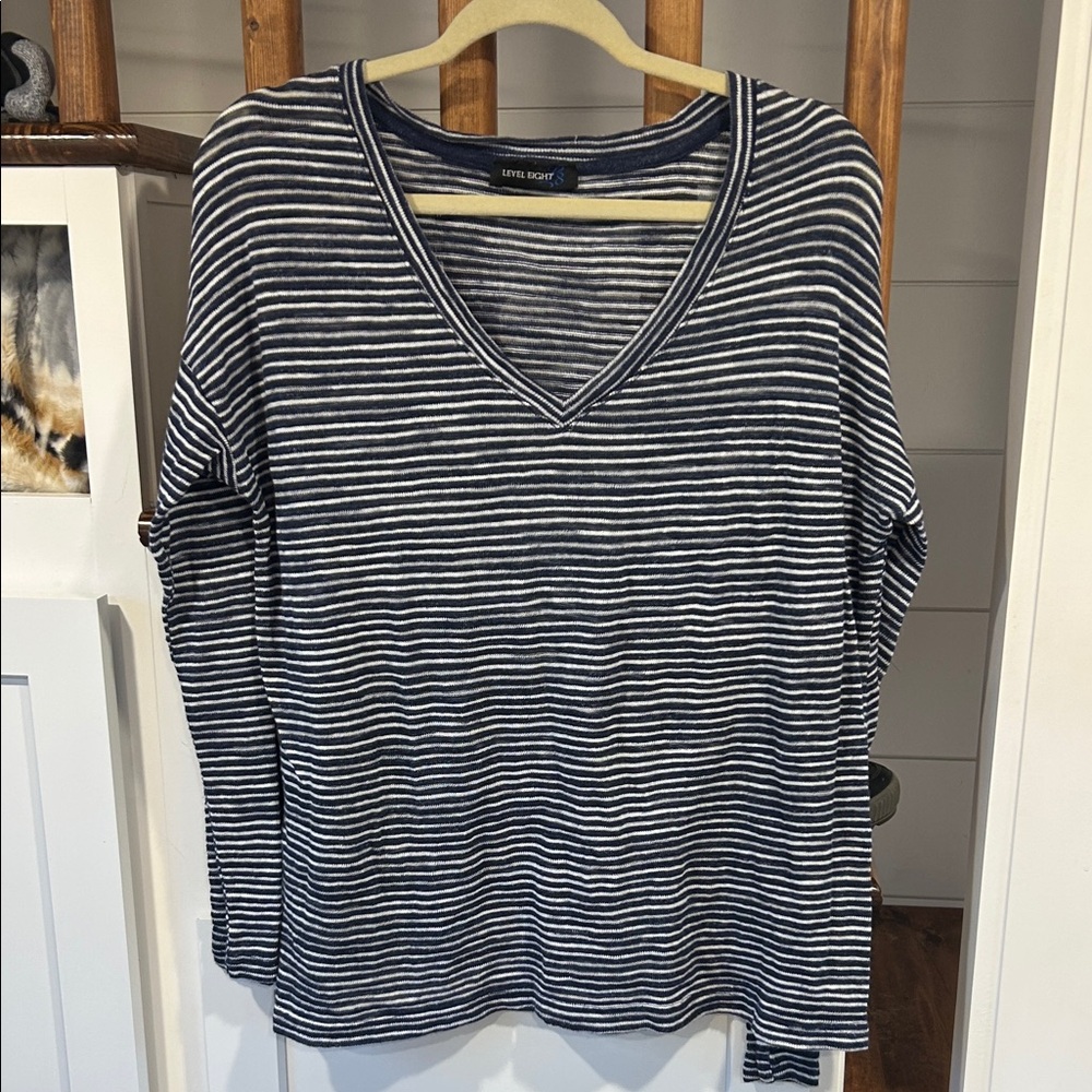 Level Eight  Navy and White Striped Sheer Long Sleeve Top